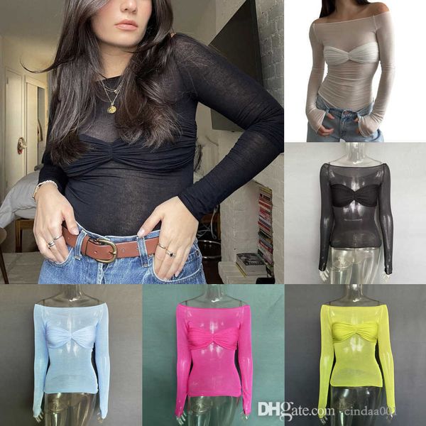 2023 Primavera Summer Summer Mesh Camiseta Hollow Out Sexy Light Perspective One Neck T-Shirt Crop Tops Tees for Ladies