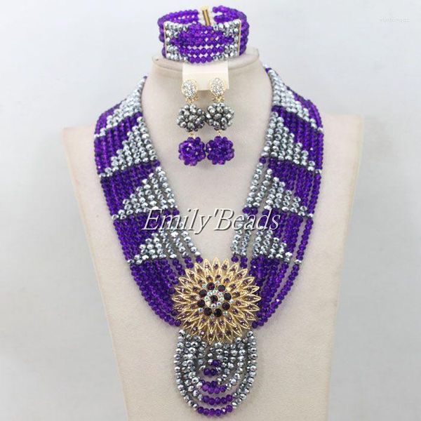 Set di orecchini per collana Incredibili gioielli in perline nigeriane africane viola Perline di cristallo grigio per abiti da sposa 2023 AMJ819
