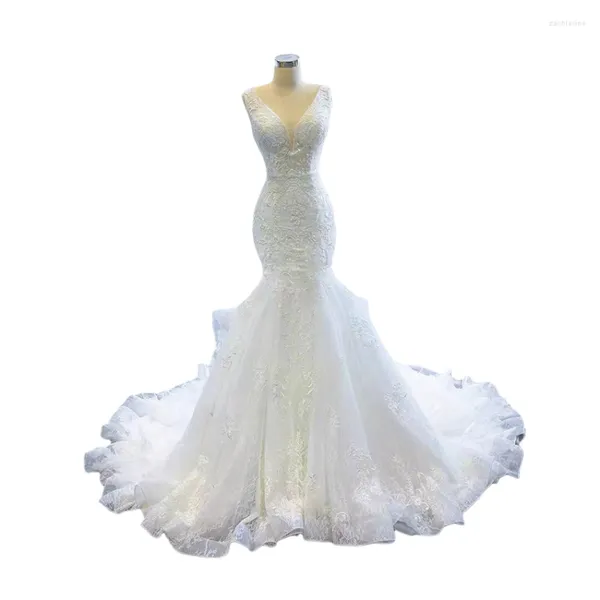 Abito da sposa stile occidentale con scollo a V aperto indietro abiti da sposa di lusso corpetto trasparente con volant strascico pizzo abito da sirena sexy RS004