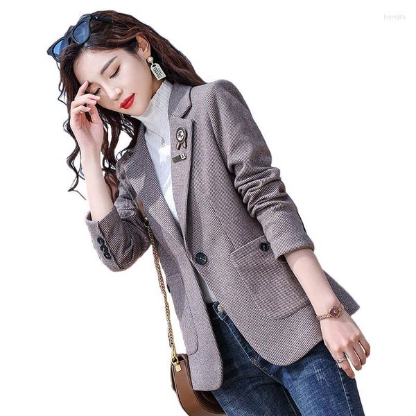 Damenanzüge High-End-Braun-Karo-Blazer für Damen, Frühlingsmode, Temperament, formale, schlanke Langarmjacke, Büro-Damen-Arbeitsmantel