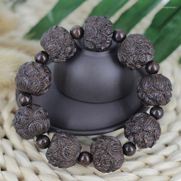 Ohrstecker, Leder, schwarzes Holz, Vietnam, Aloe, geschnitzte Buddha-Perlen, Handschnur-Armband, 18 Arhat Lotus