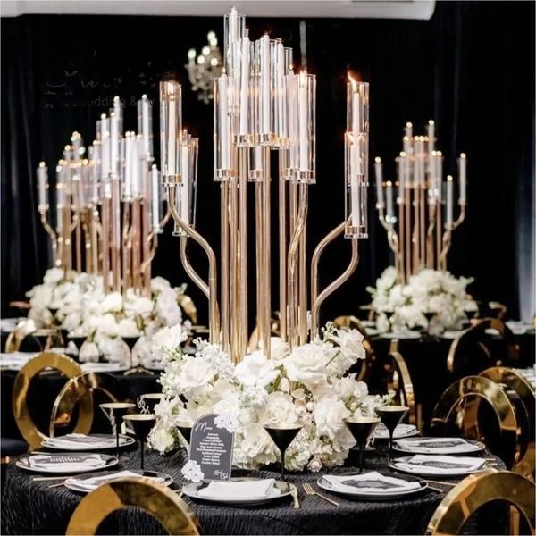 Decoração Supplência de casamento 16 cabeças Stand Home Candlestick Metal Gold Table Pillar Central Walkway Pillar para decoração de fase de casamento IMAKE706