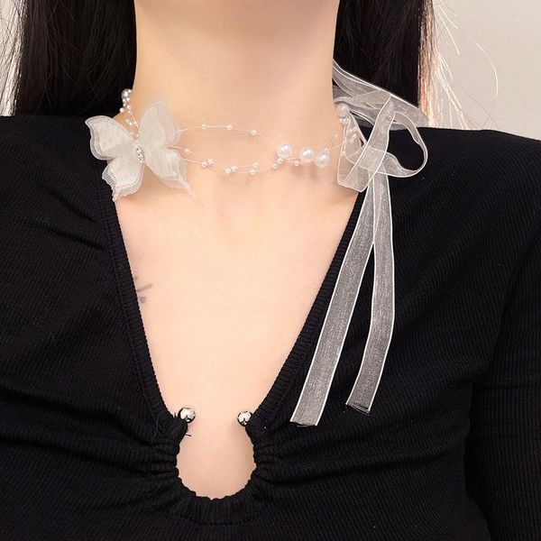 Choker 2023 Vintage Abendessen Weiße Spitze Schmetterling Halskette Für Frauen Mädchen Mode Imitation Perle Hals Weiblich Party Sexy Kragen