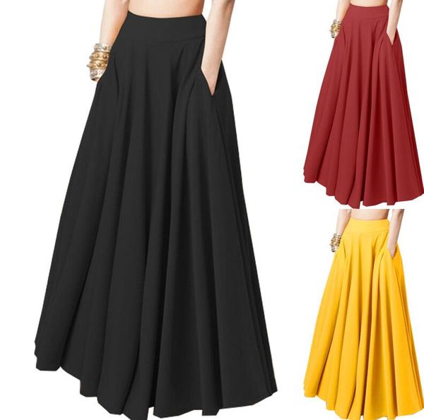 2023 sommer Neue frauen Einfarbig Maxi Kleid Langen Rock Falten Rock Elastische Taille lässige mode schwarz rot farbe kleider