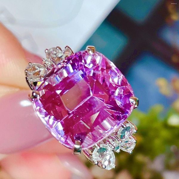 Anelli a grappolo LR Kunzite 12.98ct Fine Jewelry Solid 18K Gold Nature Clean Gemstones Diamonds Female For Women Ring