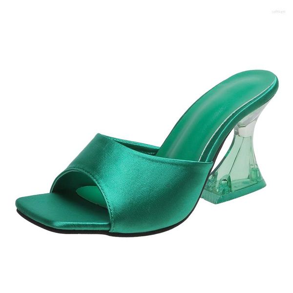 Сандалии Последние летние и осенние женские зеленые туфли шелковистые широкие широко -группа прозрачные высокие каблуки удобные каблуки