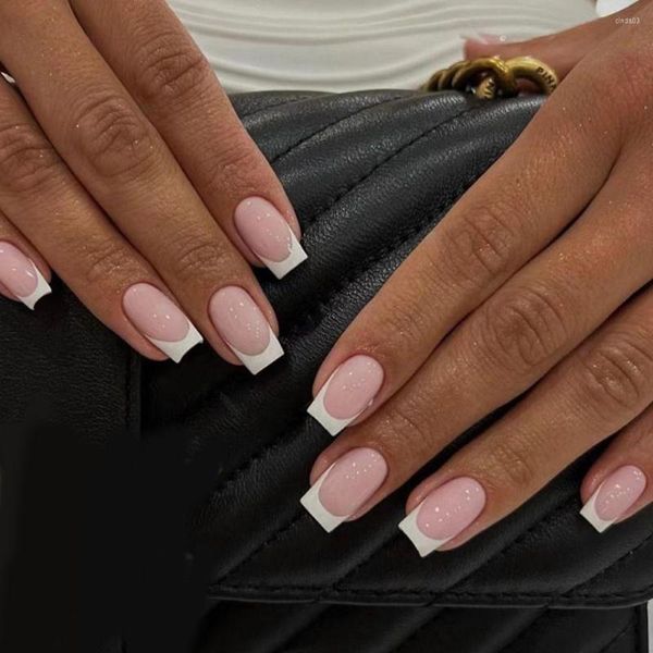 Pregos Falsos 24 pcs Dicas de Unhas Falso Nials DIY Press em Curto Quadrado Francês Borda Branca