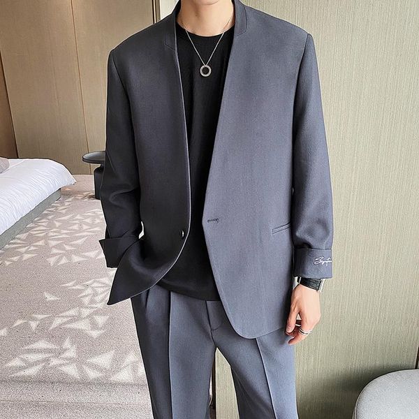 Blazer per abiti da uomo Blazer da uomo Giacca da uomo senza colletto Bottone singolo Uomo Coreano Harajuku Streetwear Moda Cappotto casual allentato