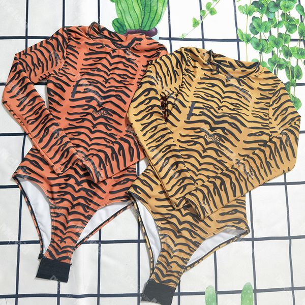 Tiger Muster Overalls Hohe Taille Bademode Langarm Frauen Badeanzug Brief Drucken Badeanzug für Dame