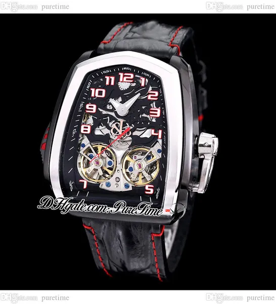 İkiz Turbo JCFM05 Çift Tourbillon Otomatik Erkekler İzle İki Ton PVD Çelik Gümüş İskelet Kravat Kırmızı Hat Kırmızı Hat Süper Spor Otomobil Saatleri Puretime D4