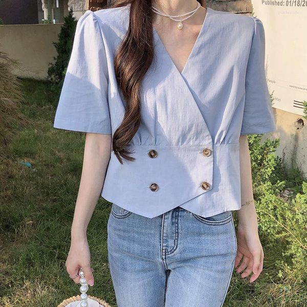 Women's Blouses Fashion Double Breasted Tops Summer V-neck Short Puff Sleeve Shirts For Women 2023 Chic Cropped Office Lady Femme