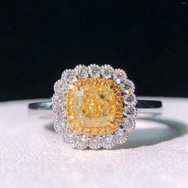 Ringos de cluster jóias finas Real 18k Gold 1,00ct Amarelo Diamond Wedding noivado feminino para mulheres diamantes anel TX