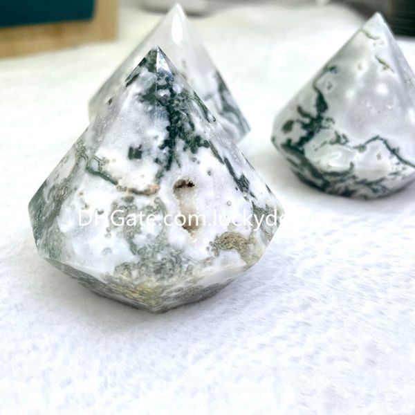 Moss Agate Diamond Carving Lucidatura Crystal Home Decor Unique Natural Mineral Rock Quartz Druzy Geode Gemma semipreziosa sfaccettata Octagon Heailng Reiki Gift