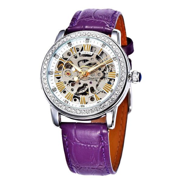 Armbanduhren Shenhua 2023 Damen Diamant Frauen Uhren Selbst Wind Weiß Lila Skelett Transparent Automatische Mechanische Uhr