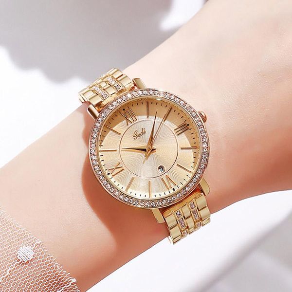 Relojes de pulsera Moda Oro rosa Relojes para mujer Números romanos Calendario Reloj de pulsera femenino de acero inoxidable Reloj de regalo con diamantes de imitación