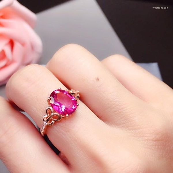 Ringos de cluster rosa natural topázio anel azul real 925 prata esterlina 8 mm jóias finas de gemos de 10 mm