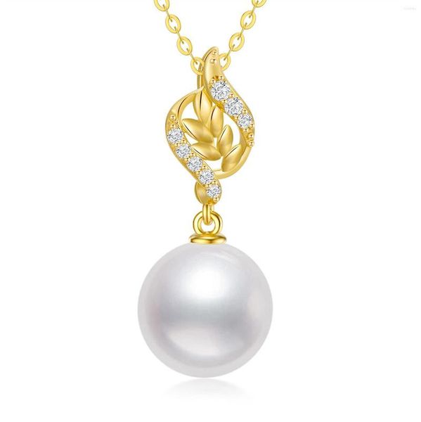 Ketten 14 Karat Gold Diamant Blätter Perlenkette für Frauen Jahrestag Schmuck Geburtstagsgeschenke 0,1 ct 9 mm Süßwasserzucht