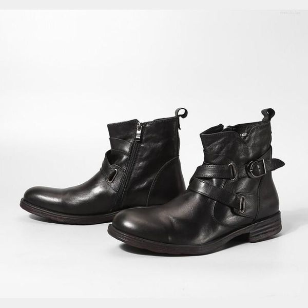 Botas lateral zíper genuíno de couro retrô masculino preto marrom marrom dedo motociclista BOOTILES DE FUENHLE CASUAL