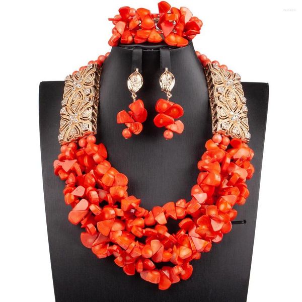 Brincos de colar Definir jóias de coral de coral real de luxo Red Africano Acessórios dourados itens de casamento de noiva para a Nigéria ABG168