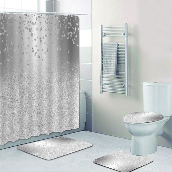 Duş perdeleri 3D lüks gri gümüş altın düşen parıltı konfeti metalik parıltılar duş curtian seti zarif banyo perdesi tuvalet mat halı 230323
