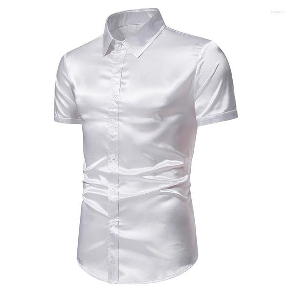 Chemises habillées pour hommes Été Blanc Soie Satin Pour Hommes À Manches Courtes Slim Fit Party Mariage Tuxedo Chemise 2023 Marque Casual Boutonné