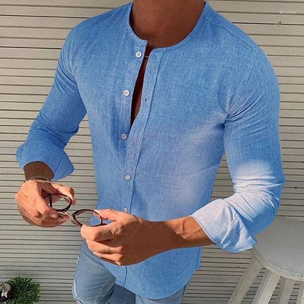 Herren lässige Hemden Junge Blaues Shirt Männer schlank Fit Langarm Ständer Kragen