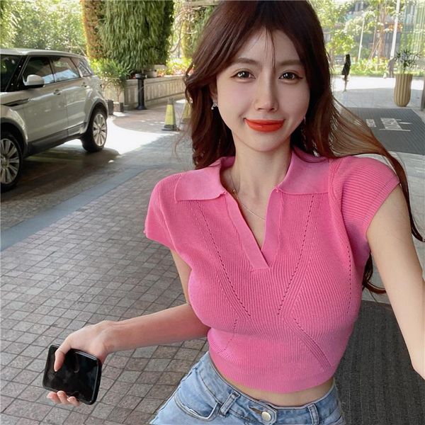 Camisetas femininas suéter de suéter de verão feminino 2023 colar de colarinho curto slim decote em V camiseta rosa garota coreana tendência