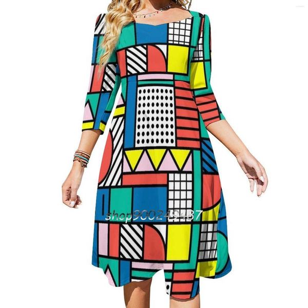 Abiti Casual Memphis Color Block Abito Svasato Scollo Quadrato Elegante Moda Femminile Stampata Style Group Milano