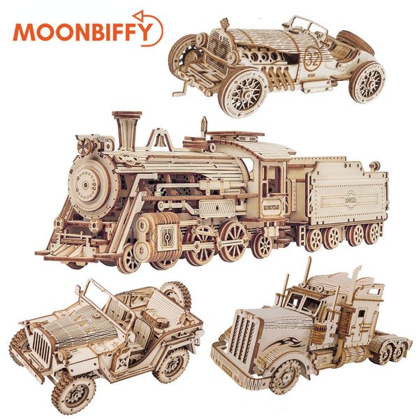 Blocchi di treno modello 3D puzzle di legno giocattolo assemblaggio locomotiva kit di costruzione per bambini bambini regalo di compleanno giocattoli 230322