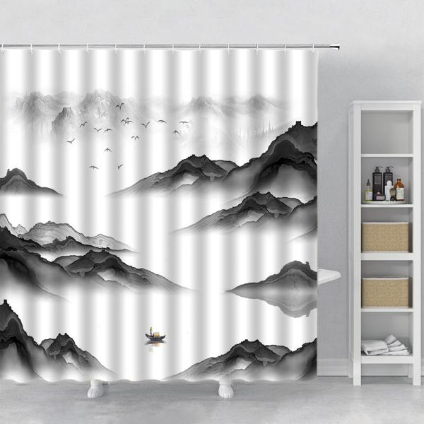 Tende da doccia Pittura a inchiostro cinese Paesaggio Montagna Nebbia Lago Foresta Scenario naturale Decorazioni per la casa Bagno con ganci