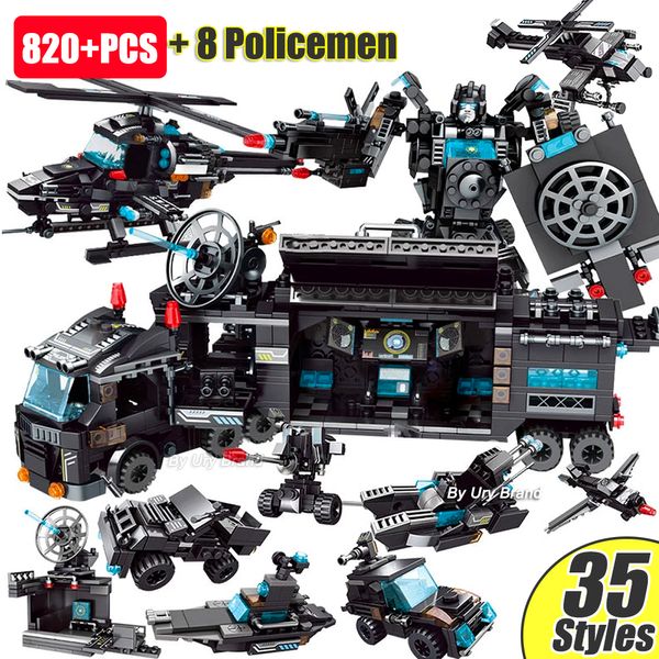 Blokken Stad Serie Station SWAT Corps Team Militaire Vrachtwagen Auto Vechten Oorlog Robot Building DIY Speelgoed voor Jongens Kids Geschenken 230322