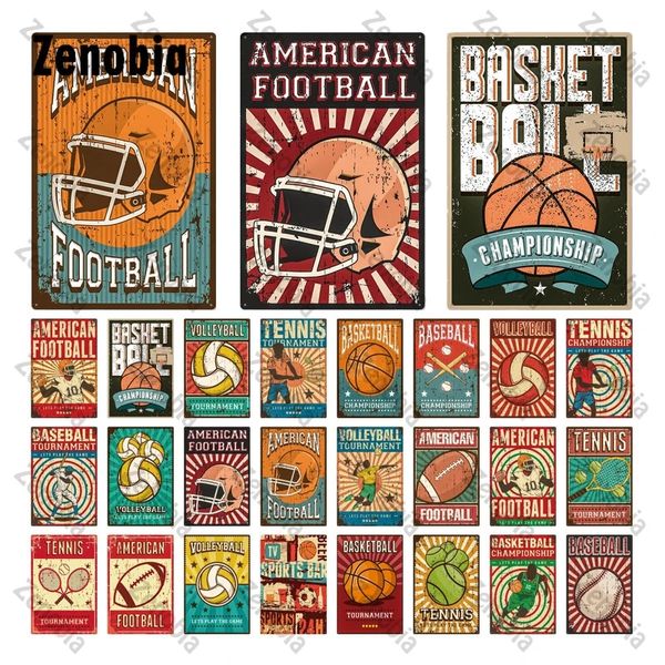 Ball Sports Metal Tin Sign Sign de basquete Tênis de vôlei Baseballl Sign Poster de metal Decoração de arte de parede para decoração de playground de ginástica 30x20cm W03