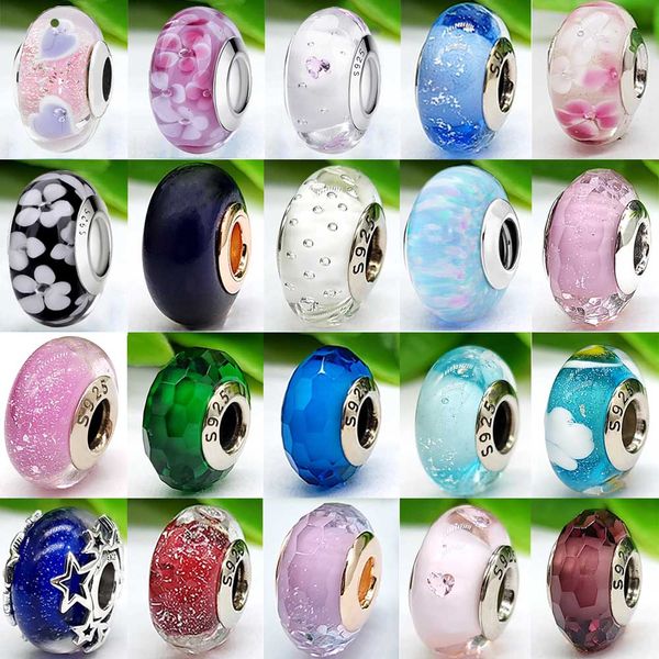 Klasik 925 Sterling Gümüş Yüzlü Pembe Murano Cam Cazibesi Fit Pandora Orijinal Bilezik ve Bileklik S925 DIY Mücevher Yapımları