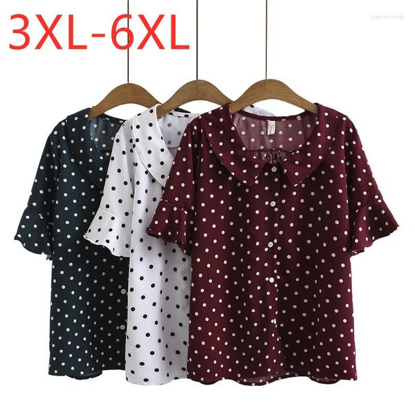 Camicette da donna 2023 Ladies Summer Plus Size Top per donna Large Bell Sleeve Loose Casual Claret Dot Button Chiffon Camicia 3XL 4XL 5XL 6XL