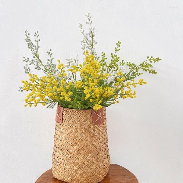 Fiori decorativi Artificiali Fagioli di acacia Fiore Giallo Mimosa Peluche Pudica Spray Ramo falso per la decorazione domestica di nozze