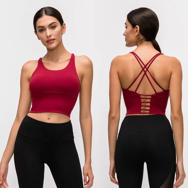 2024 lu lu lemens cor sólida cruz tiras finas yoga tanque superior clássico sutiã esportivo feminino colete de fitness pequeno estilingue roupas de treinamento com copos removíveis roupa interior sexy