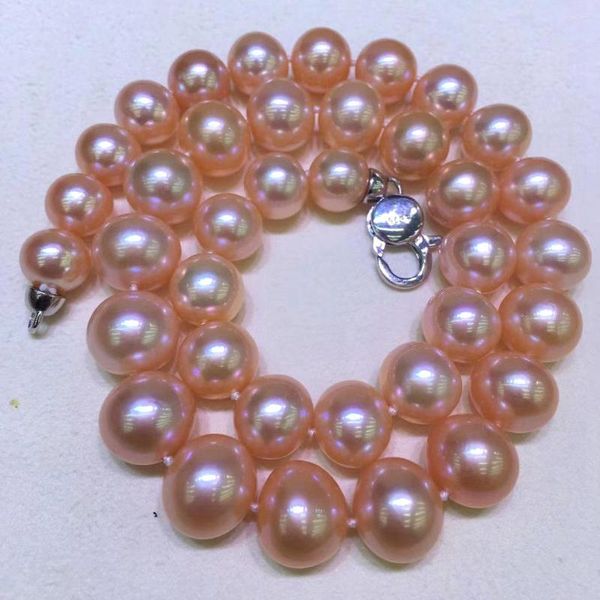 Correntes 11-13mm Big Pearl Strand Colar Wedding Jóias finas de água doce de água doce com 925 CHAP STERLING SLATER