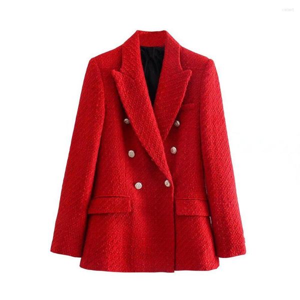 Abiti da donna Blazer Giacca da donna in tweed 2023 Doppiopetto Blazer da donna da ufficio rosso Cappotto a quadri Donna