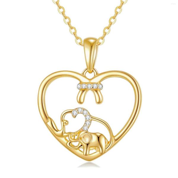 Catene YFN Collana con ciondolo a forma di cuore in oro 14k per donne, veri regali di elefante fortunato, madre/moglie, 16,1 pollici