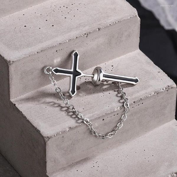 Ohrstecker PONYKISS 1 Stück 925 Sterling Silber Kreuz Emaille Schwert Quaste Kette für Unisex Männer Frauen Punk Persönlichkeit Schmuck