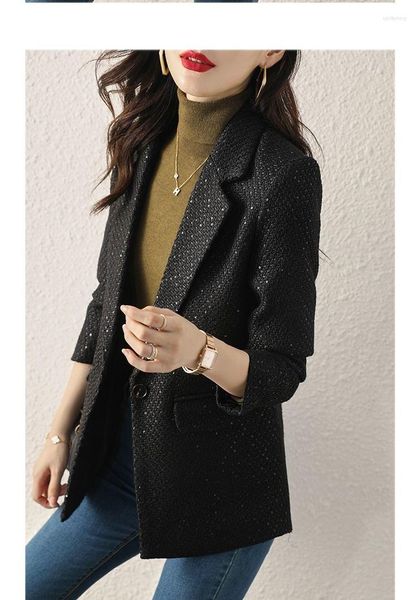 Damenanzüge Ladies Fashion Tweed Plaid Blazer Jacke Retro Langarmed Pocket Chic Frühling und Herbst Pailletten-Frauen