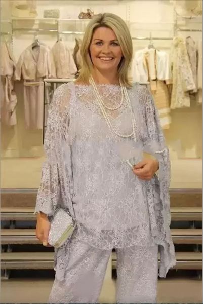 New Lace Mãe da noiva ternos de calça de noiva Plus Tamanho Mangas compridas Mulheres prateadas vestidos formais de três peças vestidos de mãe para casamento