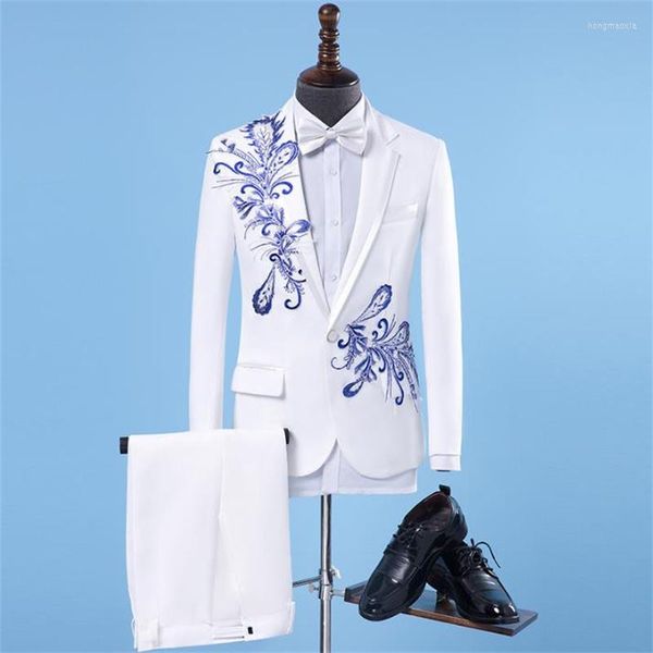 Herrenanzüge Weiß Mariage Bräutigam Hochzeit Für Männer Stickerei Blazer Jungen Prom Mode Schlank Masculino Neuesten Mantel-Hose Designs