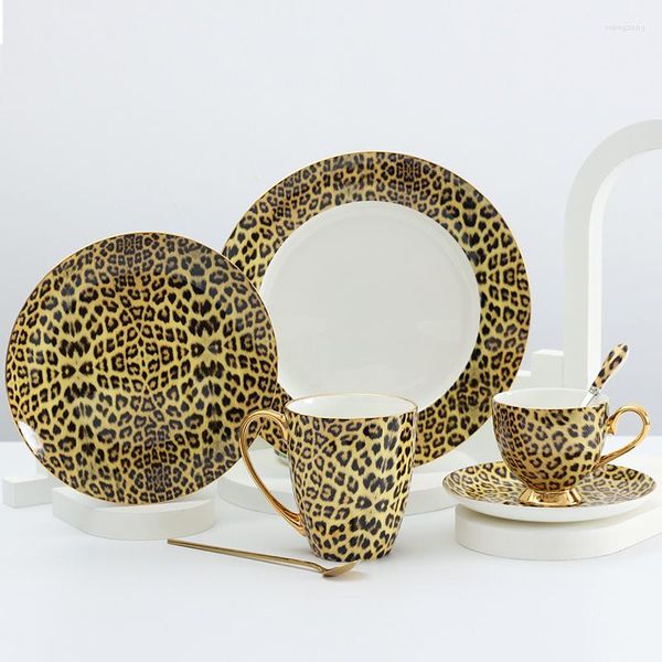 Teller, kreatives Porzellan-Kaffeetasse und Untertasse-Set, 8/10,5 Zoll, Abendessen, Bone China-Geschirr, Trinkgeschirr, Leoparden-Luxus-Designs