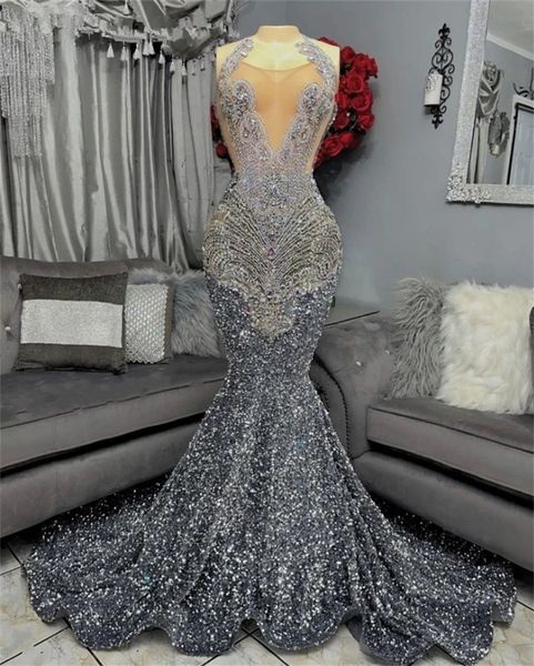 Siyah kızlar için gümüş deniz kızı uzun balo elbiseleri boncuklu kristal elmas doğum günü ışıltılı podyum podyum couture gece elbiseleri