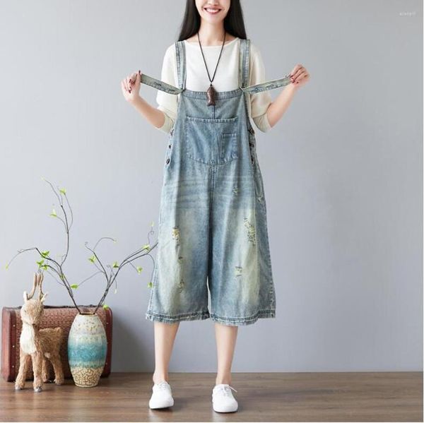 Damen Jumpsuits Frauen Vintage Löcher Denim Hosen Weibliche Jeans Damen Weites Bein Overalls Retro Strampler