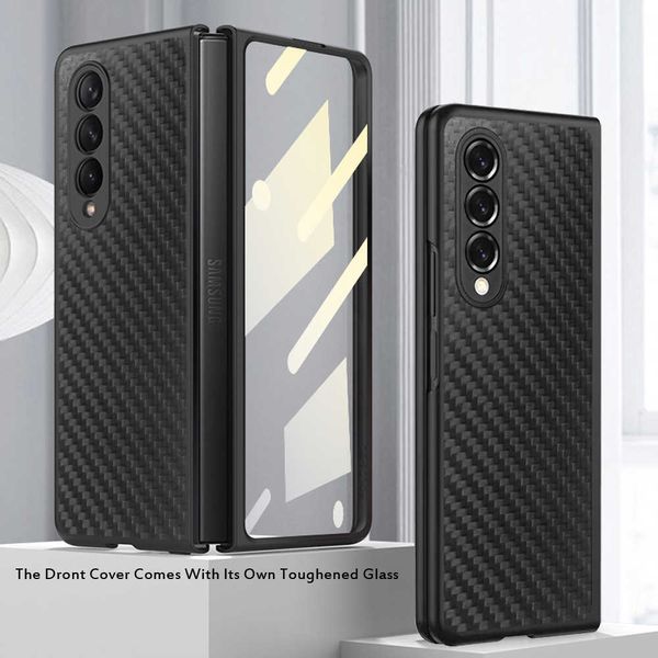 Handyhüllen Luxuriöse Kohlefaser-Hart-PC-Slim-Telefonhülle für Samsung Galaxy Z Fold 3 5G, stoßfeste Abdeckung mit Displayschutzfolie Z0324