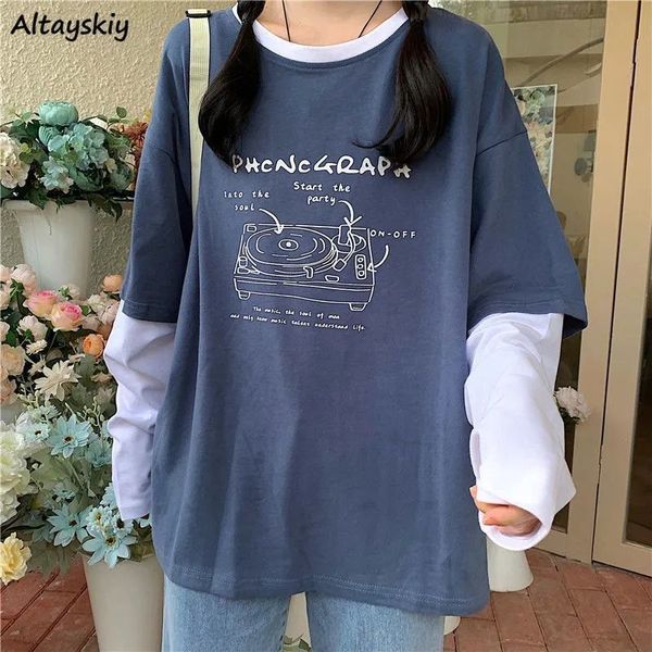 Camiseta feminina falsa duas peças tshirts de manga longa feminino letra impressão tee gráfica de estilo coreano de estilo coreano AllMatch Girls Spring Chic 230323