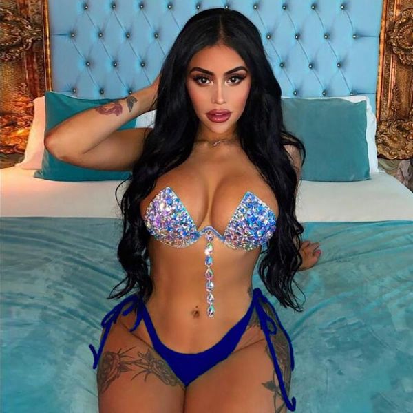 Kadın Mayo 2023 Avrupa için Rhinestone Bikini Set Seksi Seksi El Yapımı Kristal Boncuk Üst Sütyen Beach Party Show Blue Mayo