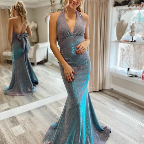 Neue Ankunft Neckholder rückenfreie Ballkleider Fliege zurück Glitzer Abschlusskleid gerafft Sweep Zug Spakly Vestidos De Novia 326 326